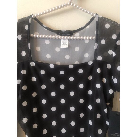 NWT Caution to the Wind Size M Black White Polka Dot Mesh Ruched Dress Bodycon - Picture 2 of 7